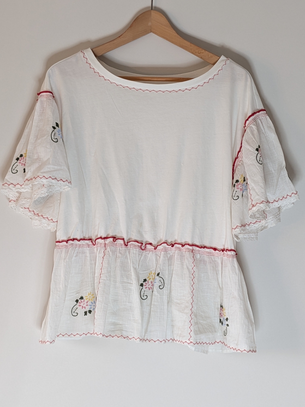 Anthropologie White Blouse with Pink Trim and Pastel Floral Embroidery
